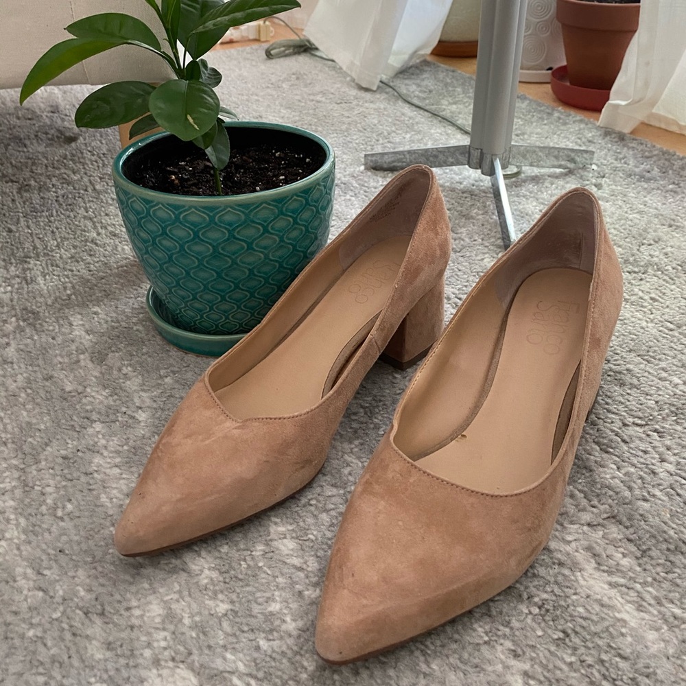 nude suede block heels